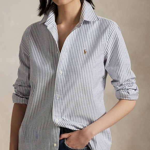 Ralph Lauren Tops - Ralph Lauren Women's Light Blue Striped Slim Fit Polo Button Down ~ Size 10